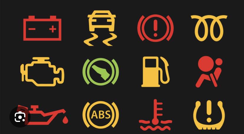 Common dashboard warning lights — battery, traction control, brake, airbag, engine, oil, ABS, coolant temperature, tyre pressure, fuel